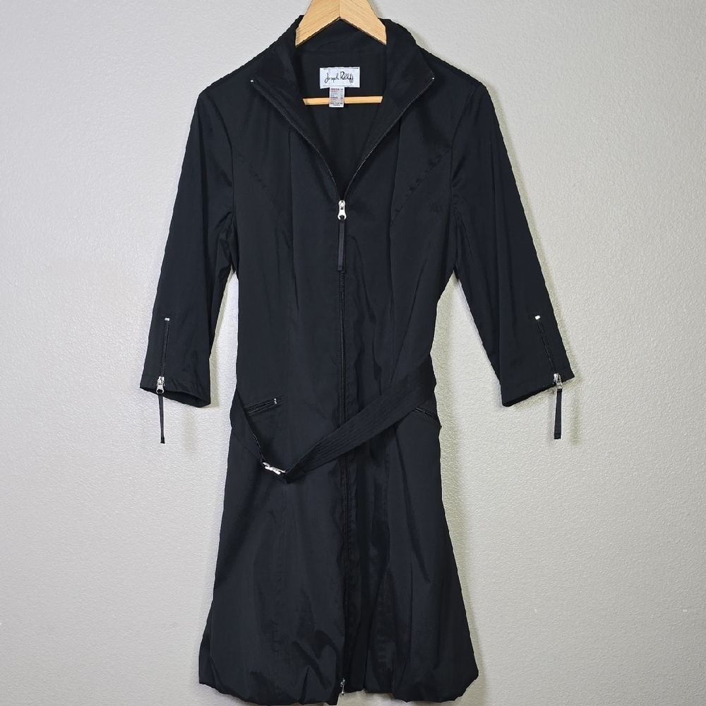 Joseph Ribkoff Black Bubble Hem Full Zip Belted Midi Dress 3/4 Sleeves Size  10.